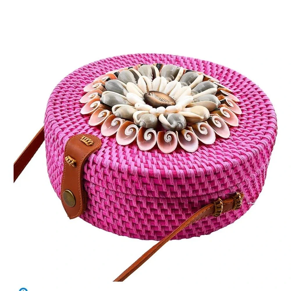 Pink Round Rattan Crossbody Bag‎ Seashell Floral Woven Boho Beach Purse Handbag